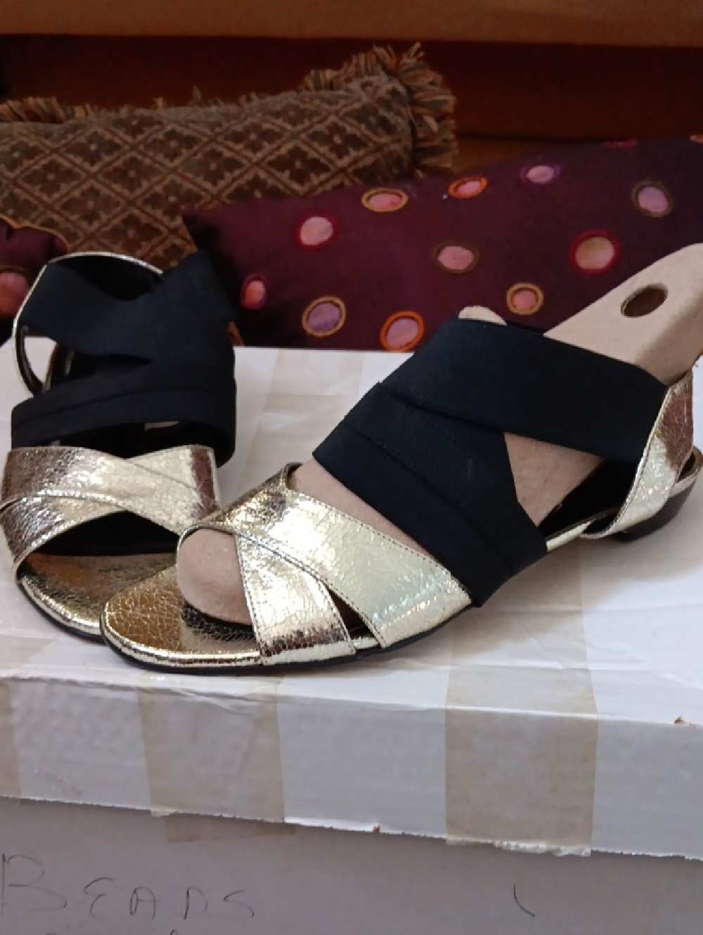 Vigotti Metallic Gold and Black Crisscross Slide Sandals